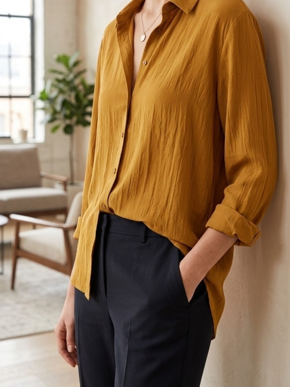 Relaxed Mustard Button-Down Shirt with Collared Neck 100% Silk
